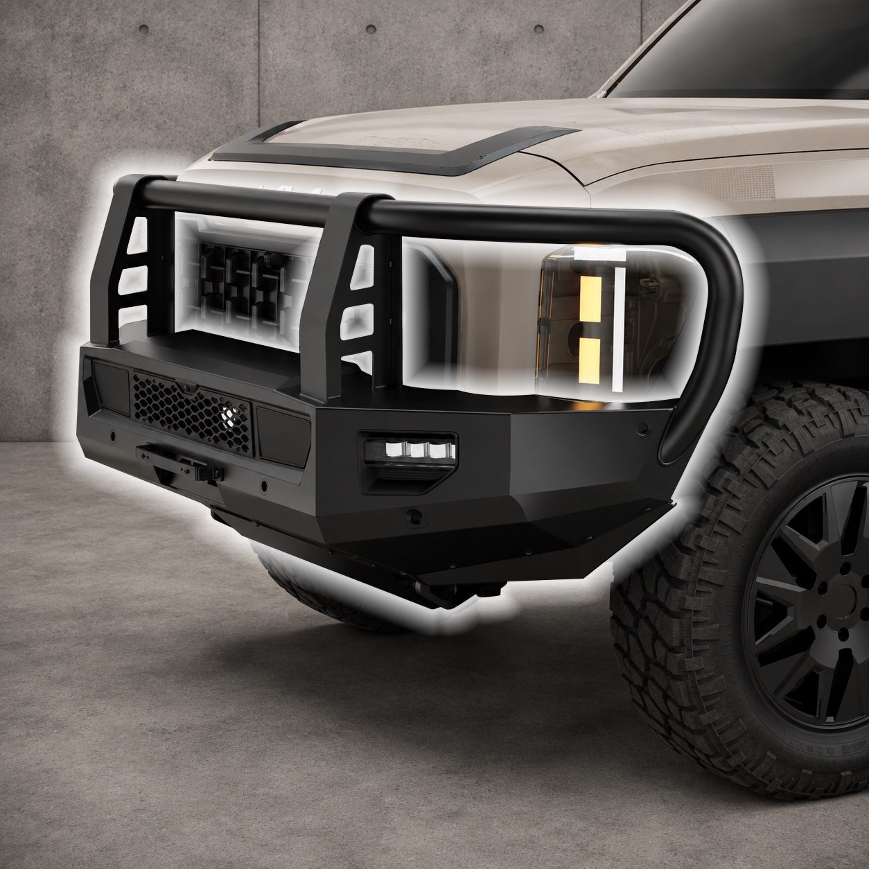 Design render of a black steel bull bar and front bumper assembly fitted to a pickup, with the styling surfaces highlighted