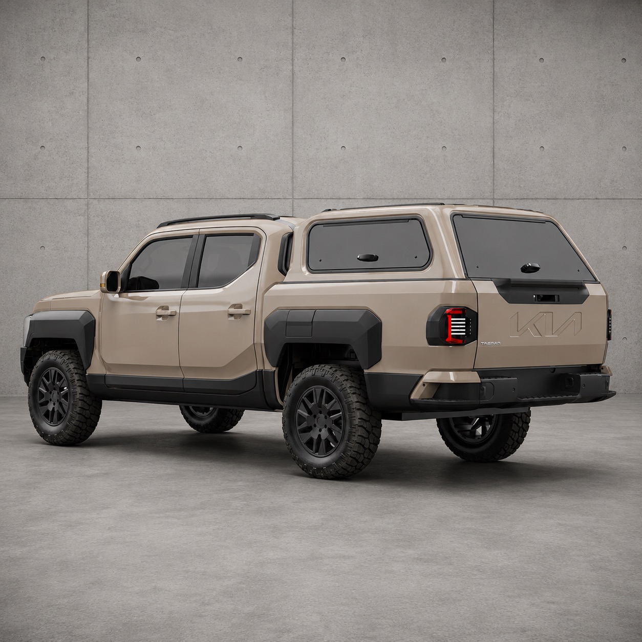 Rear three-quarter view of a Kia Tasman dual-cab in desert sand fitted with an EGR canopy, roof rails and fender flares