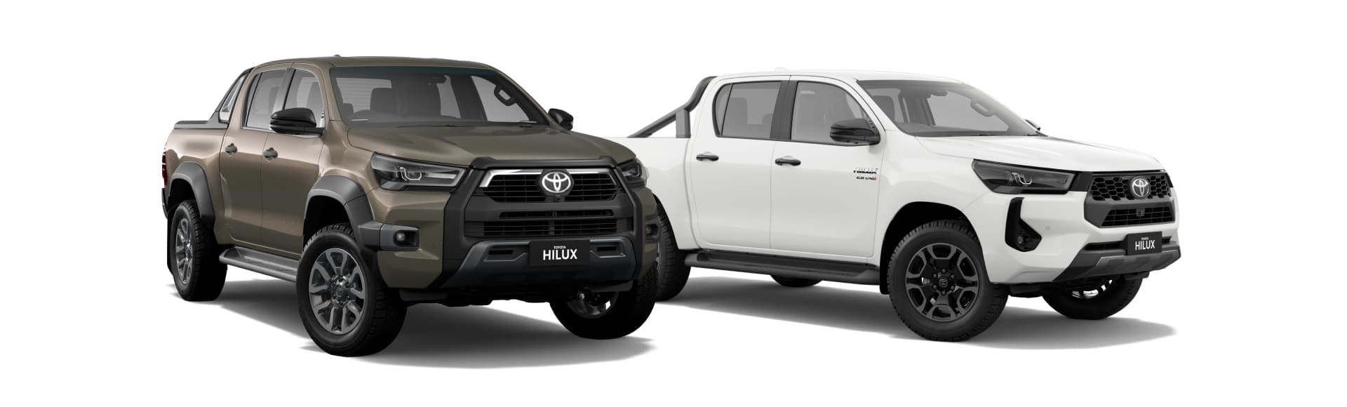 Bronze Toyota Hilux Rogue and white Hilux SR5 dual-cabs side by side, front three-quarter view