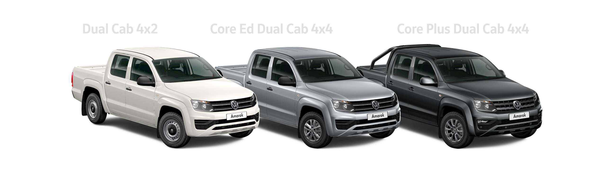 Three Volkswagen Amarok dual cabs in white, silver and grey shown side by side as a grade line-up